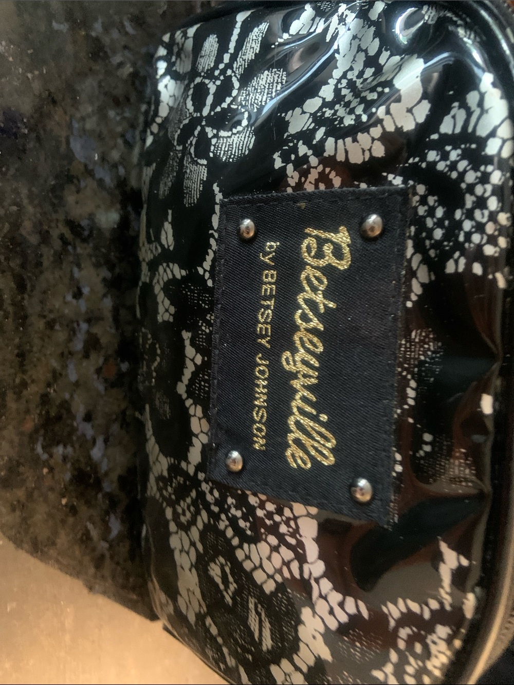 Betsey Johnson Black and White Lace-Print vintage  Cosmetic Bag